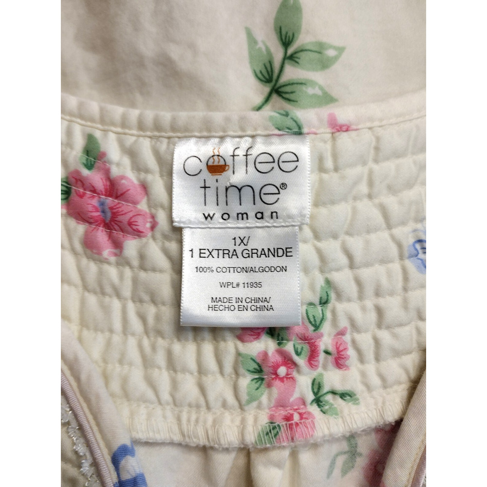 Coffee Time House Dress Duster Robe MuuMuu Yellow Floral Cotton Midi Pockets 1X - Picture 12 of 13